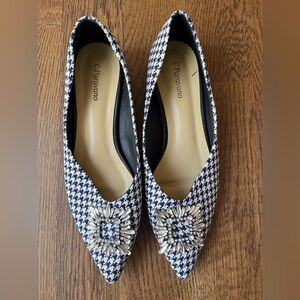 C.Paravano Women’s Pointed Toe Houndstooth Crystal Buckle Flats US 8.5 | EU 39